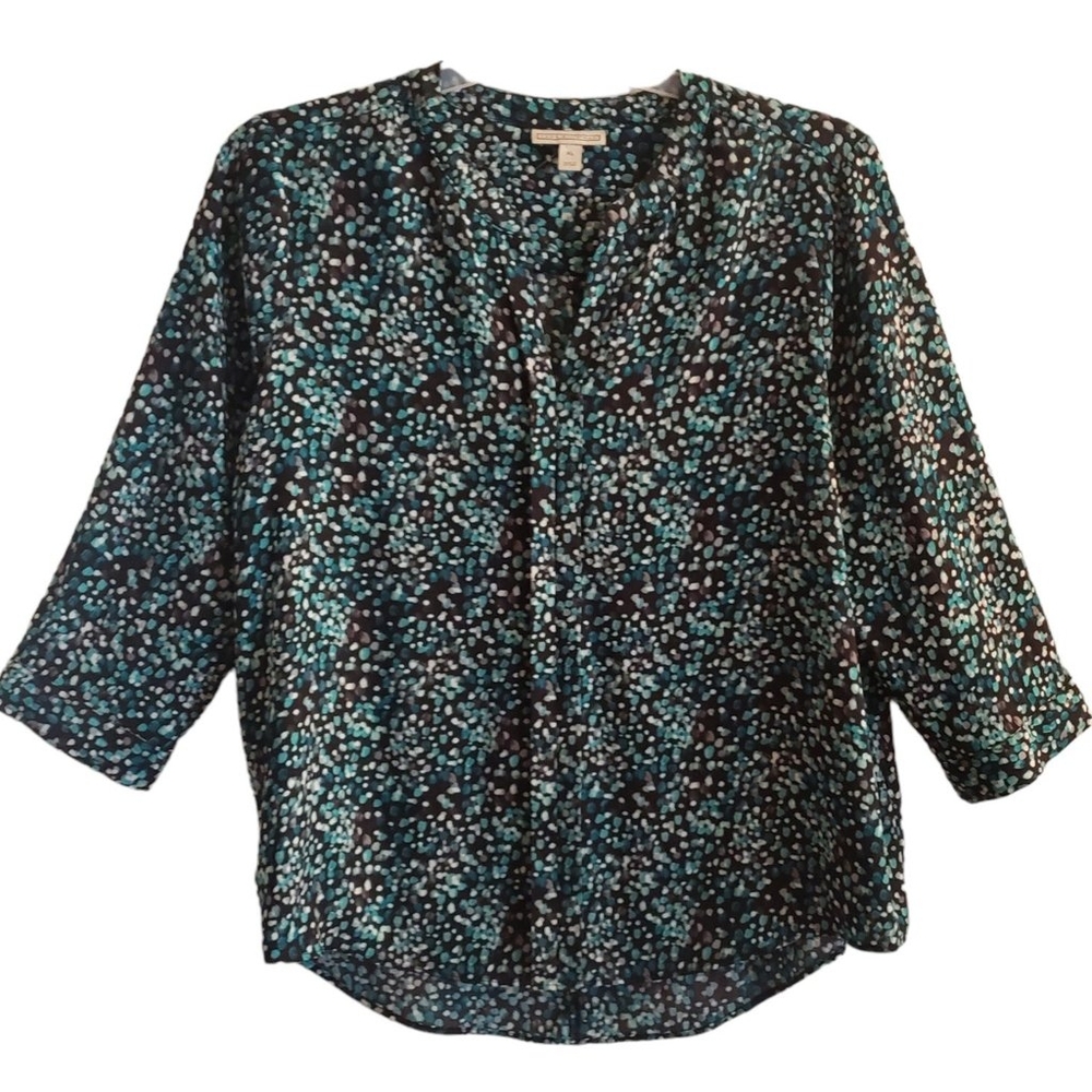 Popover blouse, 3/4 sleeve, V splitneck, easycare sz: M, teal dot, Dana Buchman